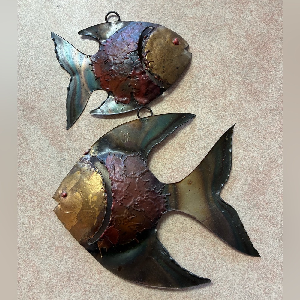 Mid Century Brutalist Metal Fish Wall Art Sculpture Set of 2